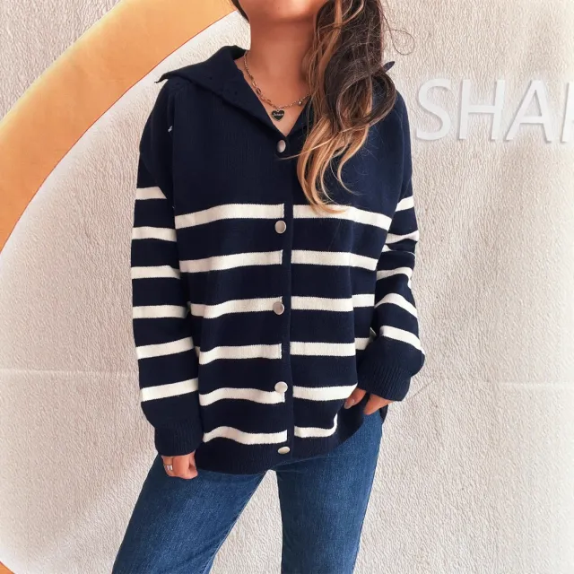 Fashion Loose Button Casual Contrast Color Striped Knitted Sweater Blue - Shop at LoveMi
