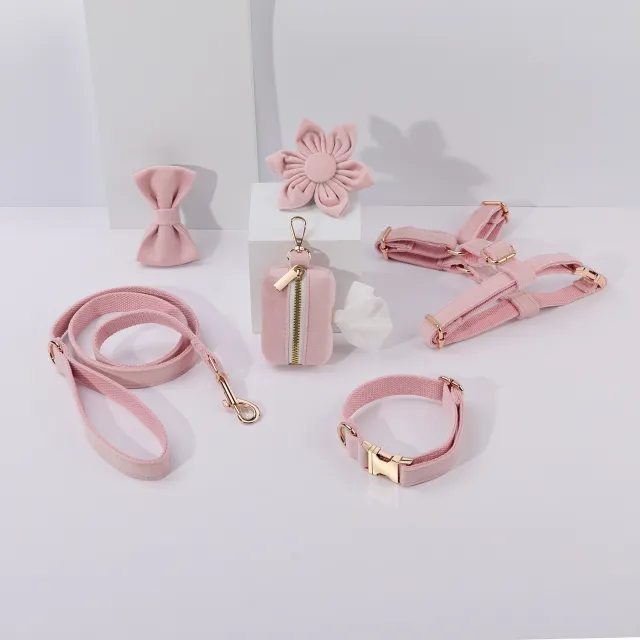 Classic Velvet Soft Pet Collar Traction Rope Suit Pink Velvet - Shop at LoveMi