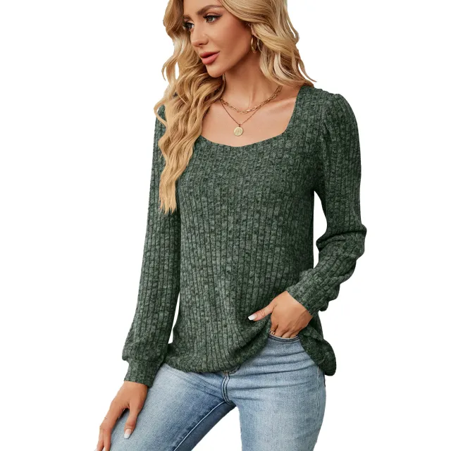 Women's Solid Color Rib Fabric Square Collar Loose Long sleeved T shirt Top Army Green - Shop at LoveMi