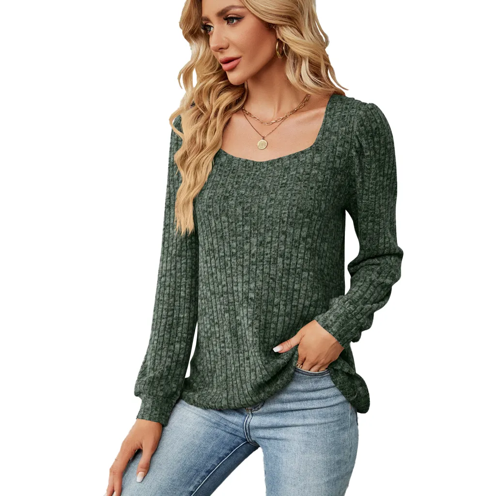 Women's Solid Color Rib Fabric Square Collar Loose Long-sleeved T-shirt Top - Army Green