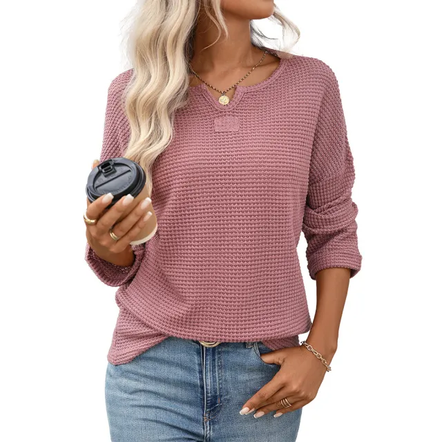 Women's Autumn Striped Waffle Knitted T shirt Pink - Shop at LoveMi