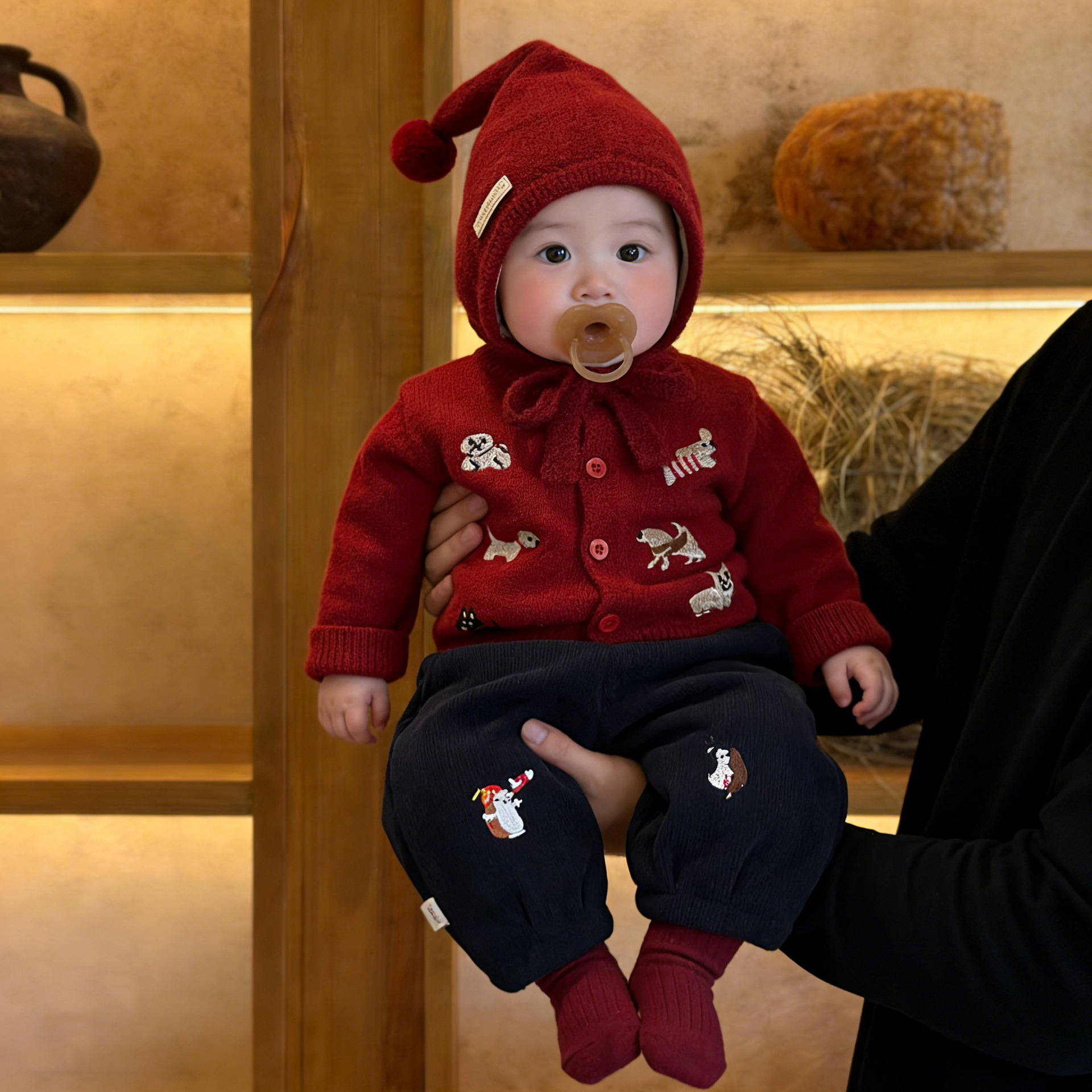 Embroidered Knitted Sweater Straight-leg Pants And A Romper