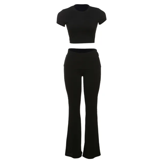 Slim Fit Crop top Short Sleeve T shirt High Waist Tight Casual Trousers Suit Black - Shop at LoveMi