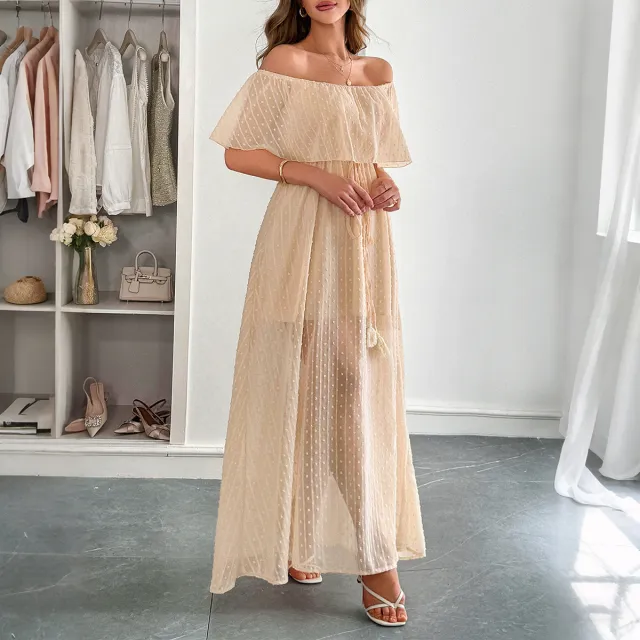 Elegant Tube Top Corset Short Sleeve Women Dress Apricot - Shop at LoveMi