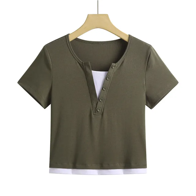 Contrast Slimming Cotton Comfortable Refined Younger Short Sleeve T shirt Mocha Color - Shop at LoveMi