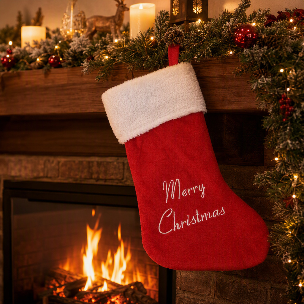 Merry Christmas Velvet-Style Stocking — product details