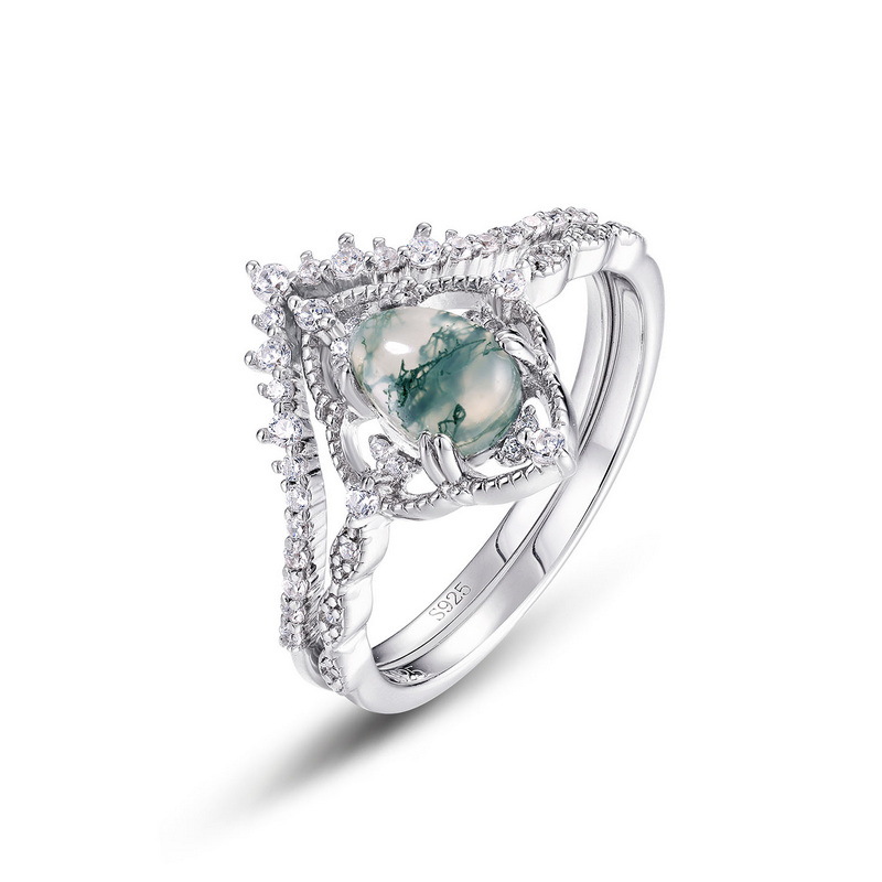 Silver Pear-shaped Green Moss Inlaid Water Plants Agate Twin Finger Ring Affordable Luxury Fashion