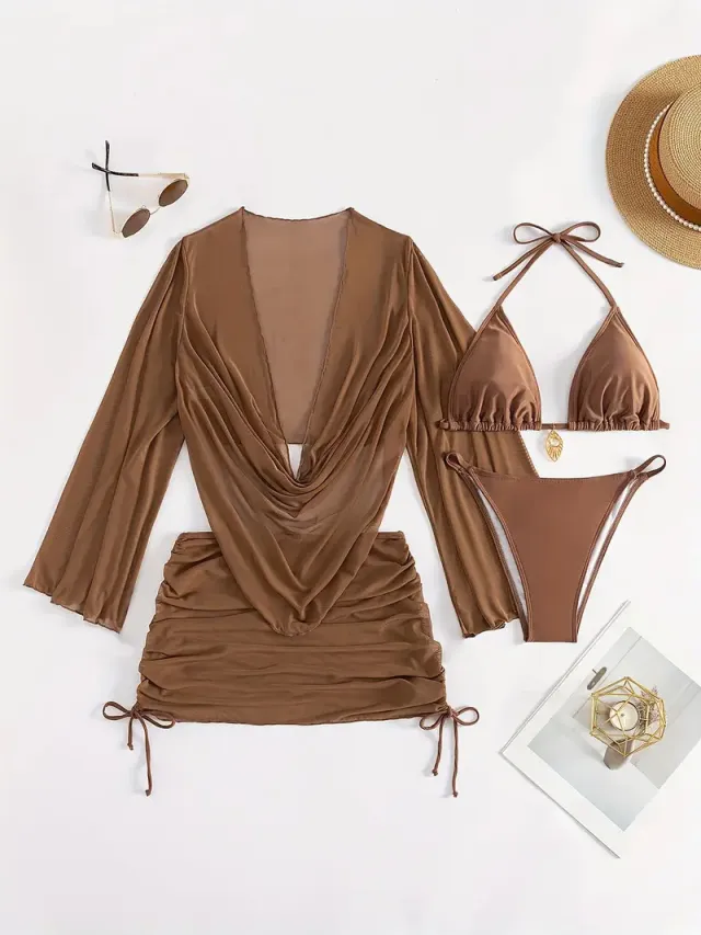 European And American Women's Sexy Blouse Lace up Bikini Suit Brown - Shop at LoveMi