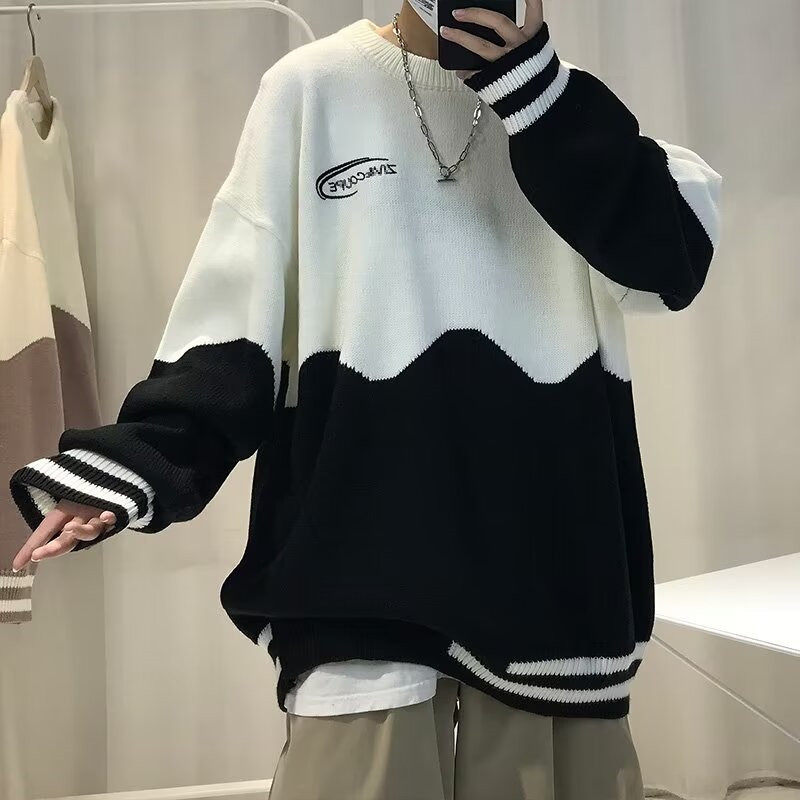 Color Blocked Autumnwinter Crewneck Sweater For Men