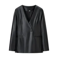 Women's Long-sleeved V-neck Leather Jacket - Black - View 1