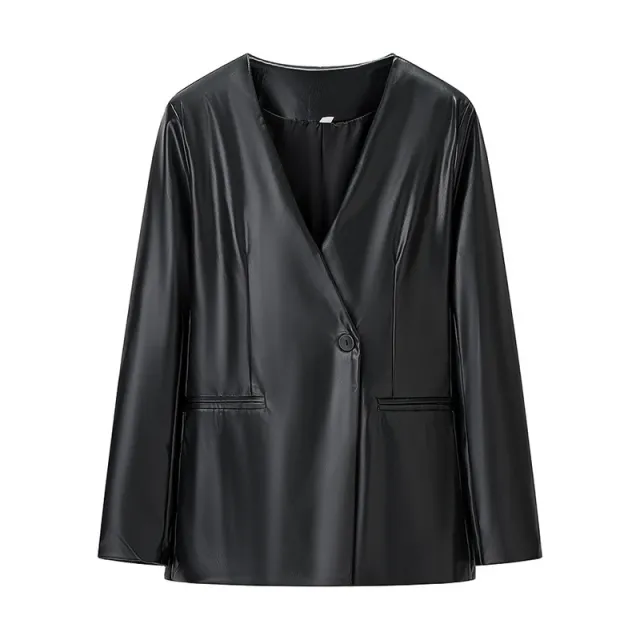 Women's Long sleeved V neck Leather Jacket Black - Shop at LoveMi