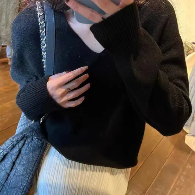 Simple Basic V neck Casual Style Knitwear Soft Glutinous Small Short Bottoming Shirt Sweater Black - Shop at LoveMi