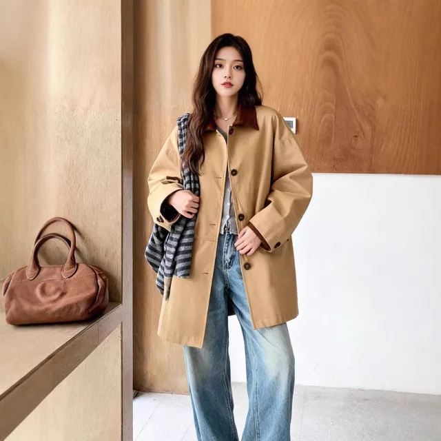 Khaki Long sleeve Color block Women's Casual Jacket Khaki - Shop at LoveMi