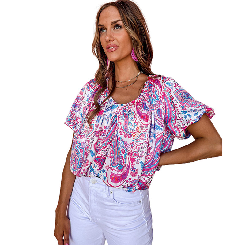Women's Bubble Sleeve V-neck Bohemian Style Printed T-shirt