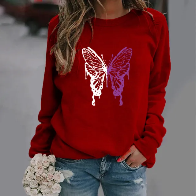 Fashion Colorized Butterfly Round Neck Sweater Printed Sports Top Wine - Shop at LoveMi