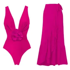 One-piece Swimsuit Three-dimensional Flower Sexy Cover Belly - Rose - View 1