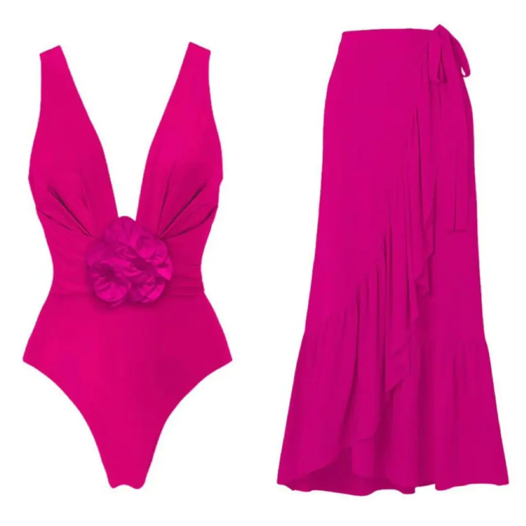 One-piece Swimsuit Three-dimensional Flower Sexy Cover Belly - Rose