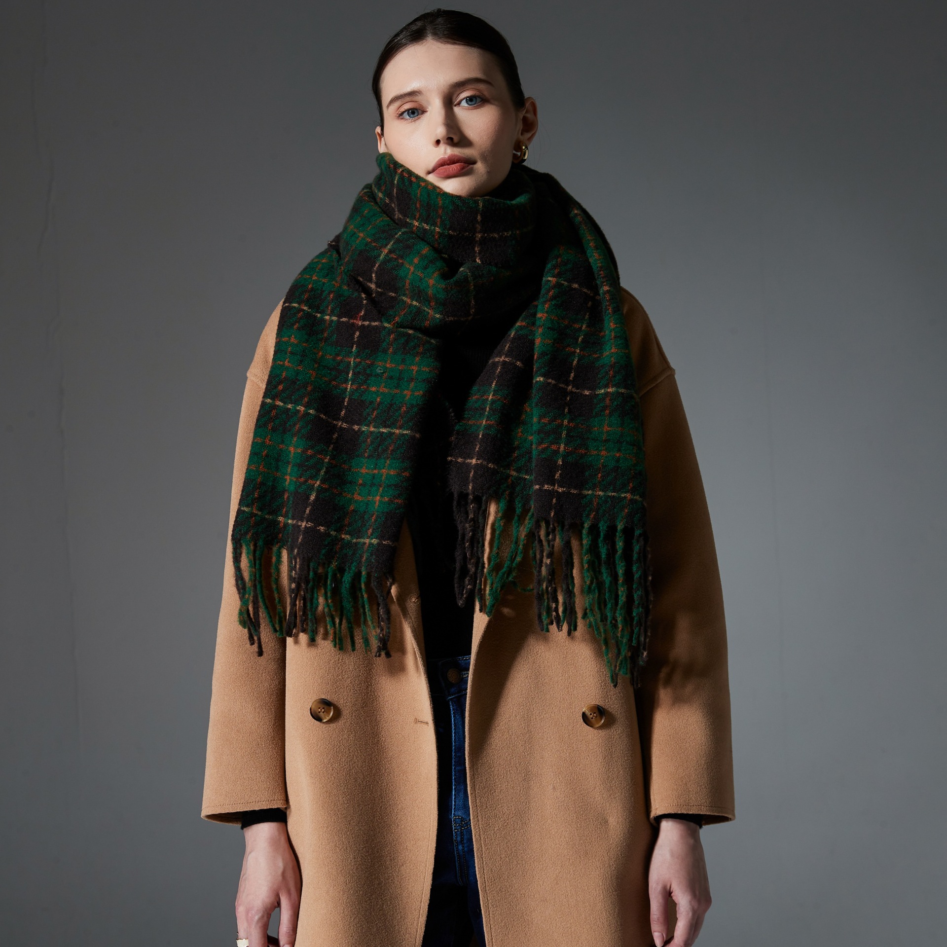 European And American Green Tassel Plaid Scarf Shawl