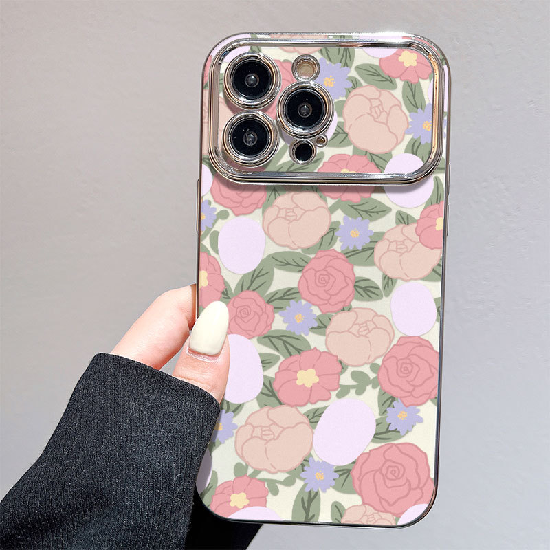 Large-screen-compatible Electroplated Flower Phone Case Protector With Oil Painting Design Drop-resistant