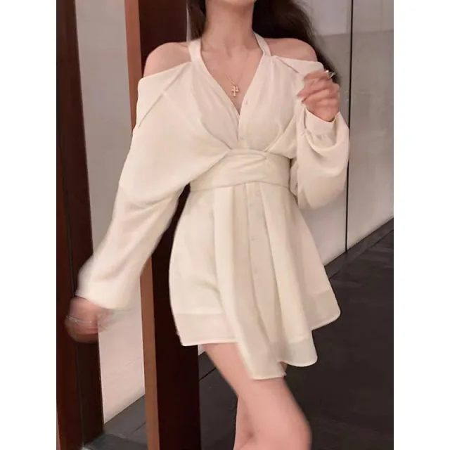 Off the shoulder Long Sleeve Dress Women's Early Autumn High grade V neck Shirt Dress Shorts White - Shop at LoveMi