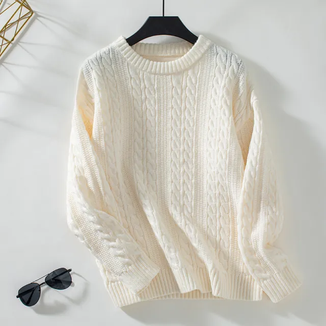 Women's Casual Solid Color Round Neck Loose Retro Sweater Beige - Shop at LoveMi