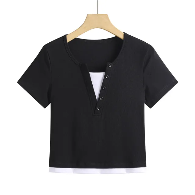 Contrast Slimming Cotton Comfortable Refined Younger Short Sleeve T shirt Black - Shop at LoveMi