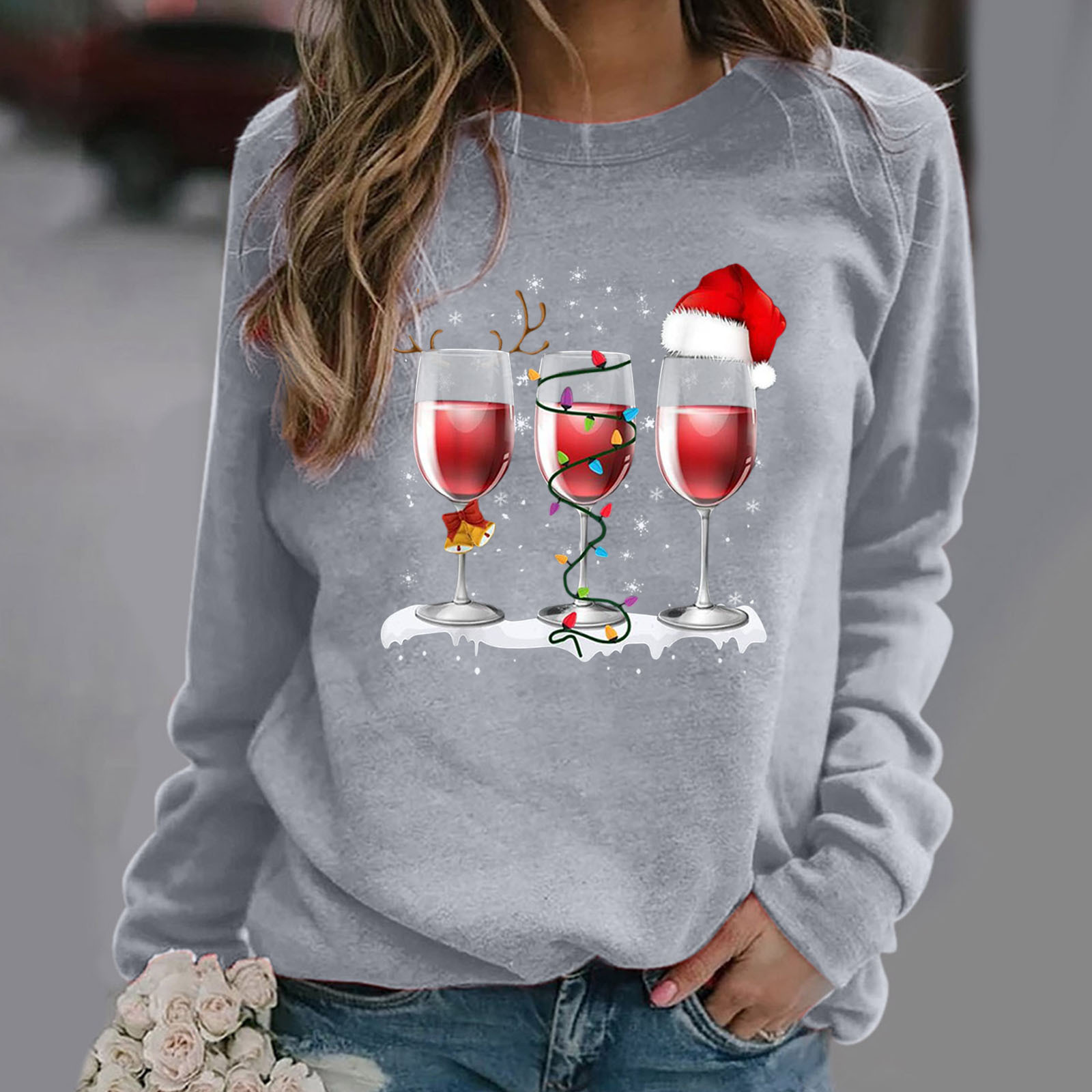 Printed Long Sleeve Round-neck Non-hoodie Sweater For Women