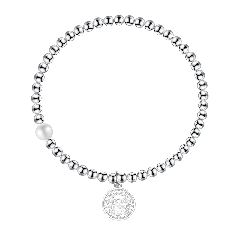 S925 Sterling Silver Bracelet Female Round Brand Portrait Round Beads Elastic - Sl039