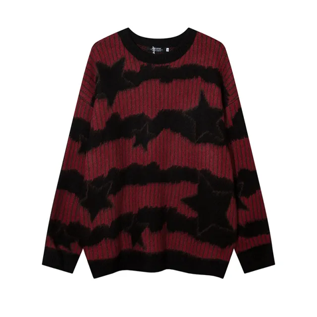 Creative Star Round Neck Sweater Loose Casual Sweater Red - Shop at LoveMi