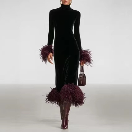 Euro-American AutumnWinter Heavy-Embroidered Vintage Velvet Dress