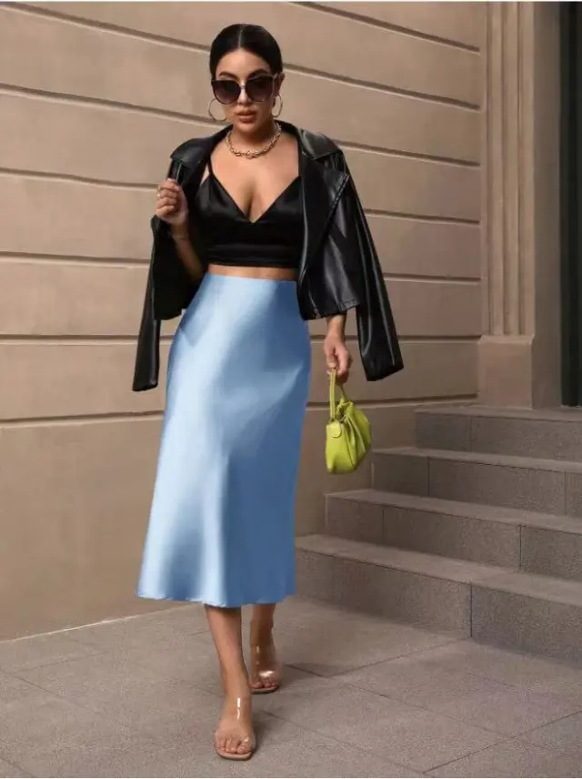 European And American Elegant Style A Line Satin Skirt Blue - Shop at LoveMi