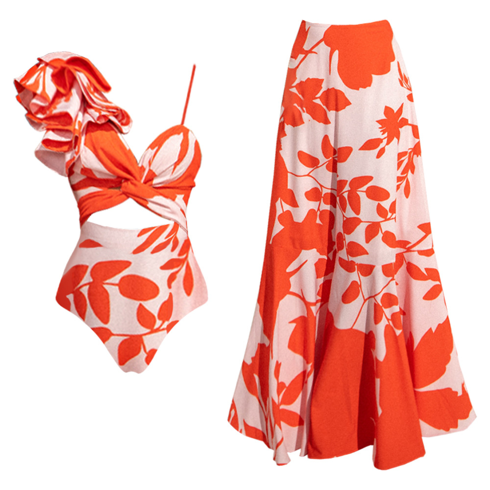 Printed Ruffled V neck Spaghetti Strap One piece Swimsuit Suit Orange - Shop at LoveMi