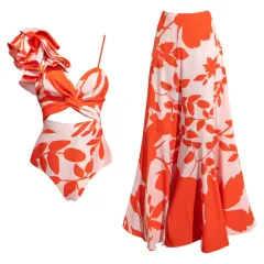 Printed Ruffled V-neck Spaghetti Strap One-piece Swimsuit Suit - Orange - View 1
