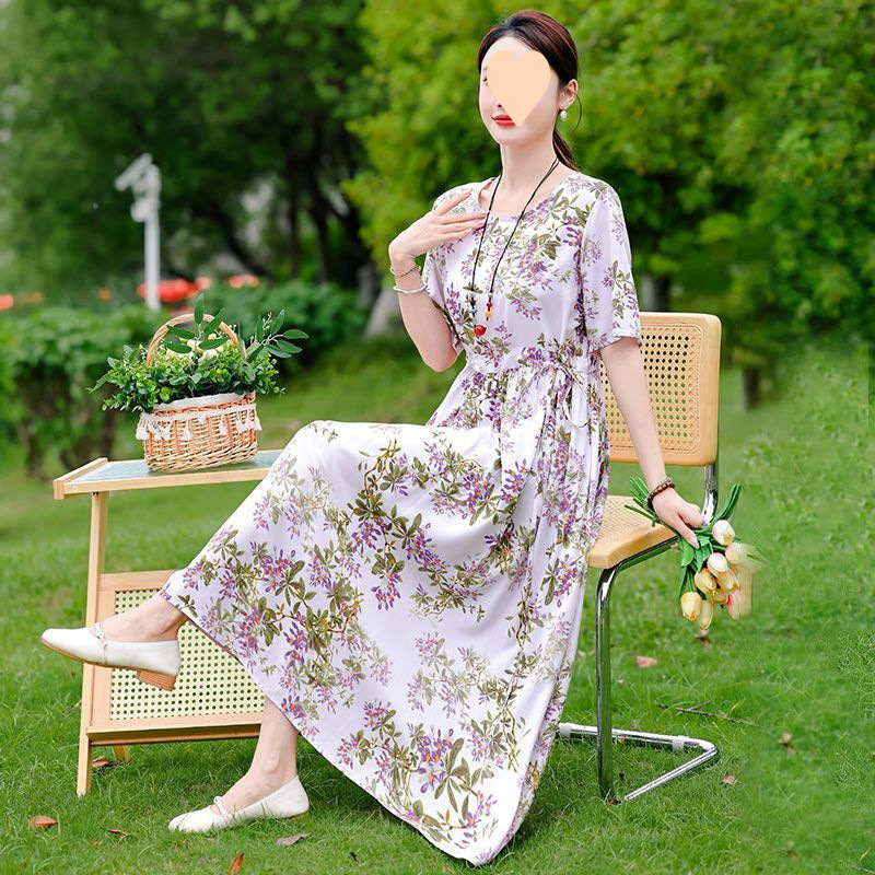 Dress Slimming Waist tight Floral Overknee Dress Loose Summer Dress 19 Wisteria Flower - Shop at LoveMi