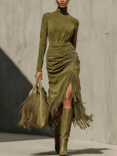 European And American Women's Elegant Fringe Dress - Olive Green - View 1