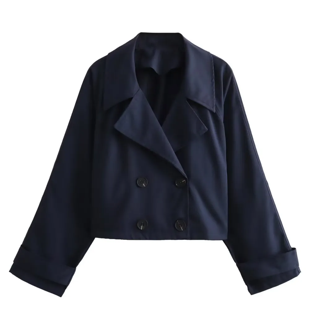Women's European And American Style Trench Coat Short Jacket - Navy