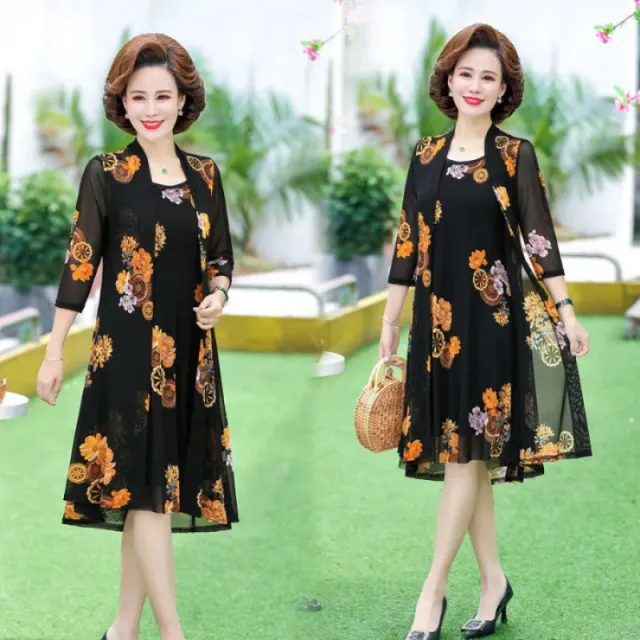 Dress Middle aged And Elderly Two piece Suit Yellow Flower - Shop at LoveMi