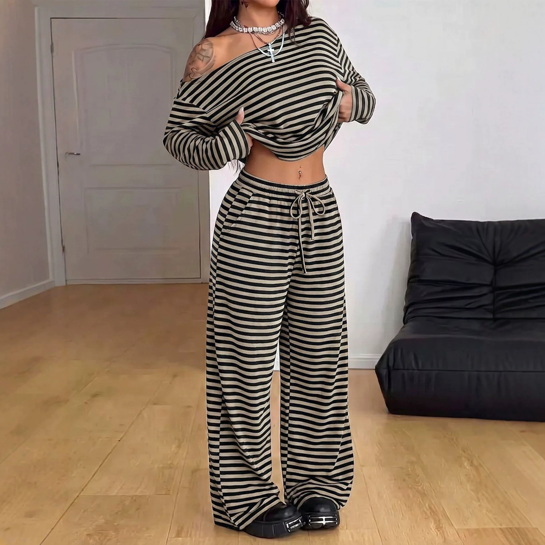 Women's Striped High-waisted Wide-leg Pants Set