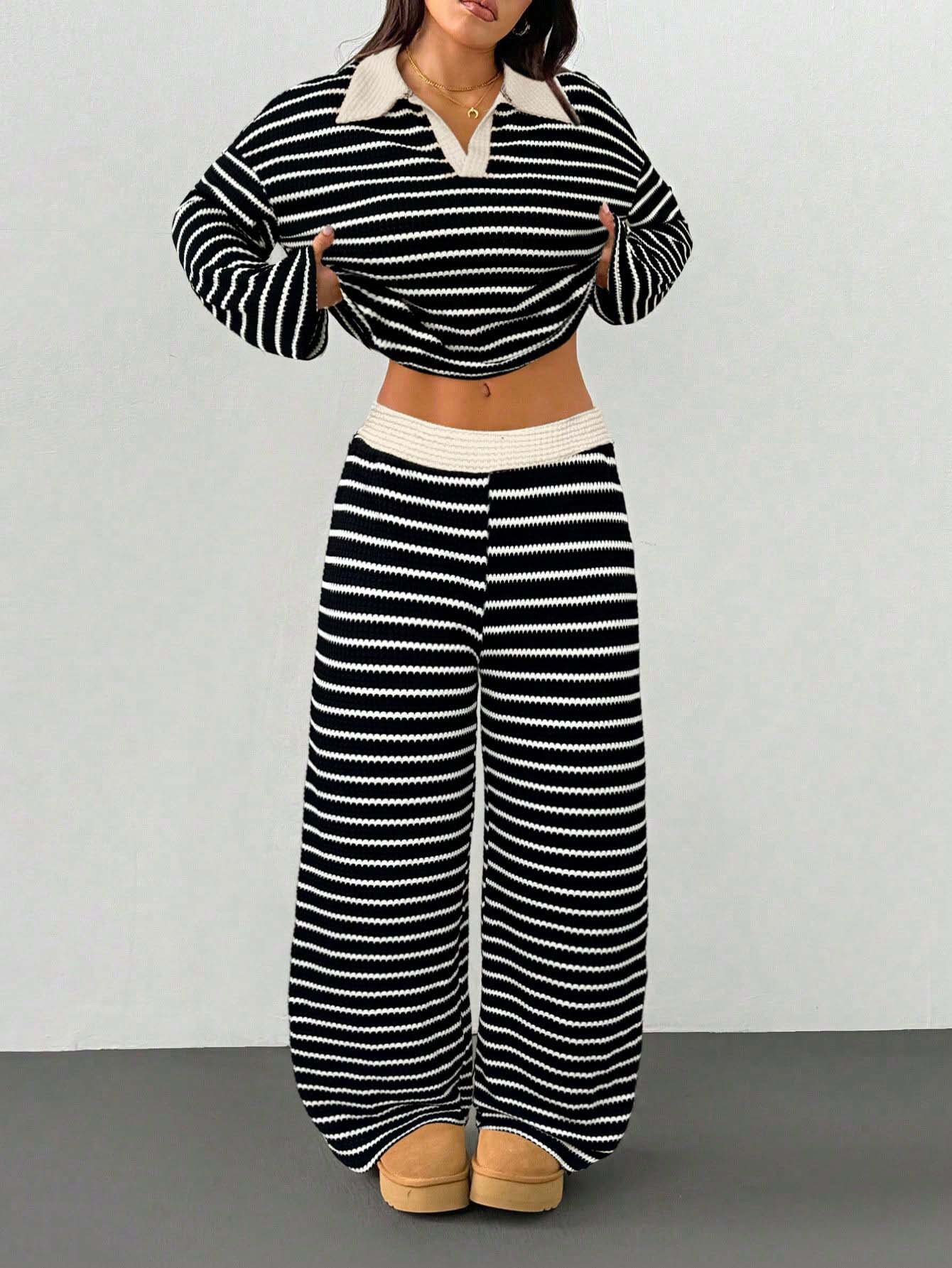 Striped Knitted Color-Block Long-Sleeve Top And Pants Casual Set — foto 2