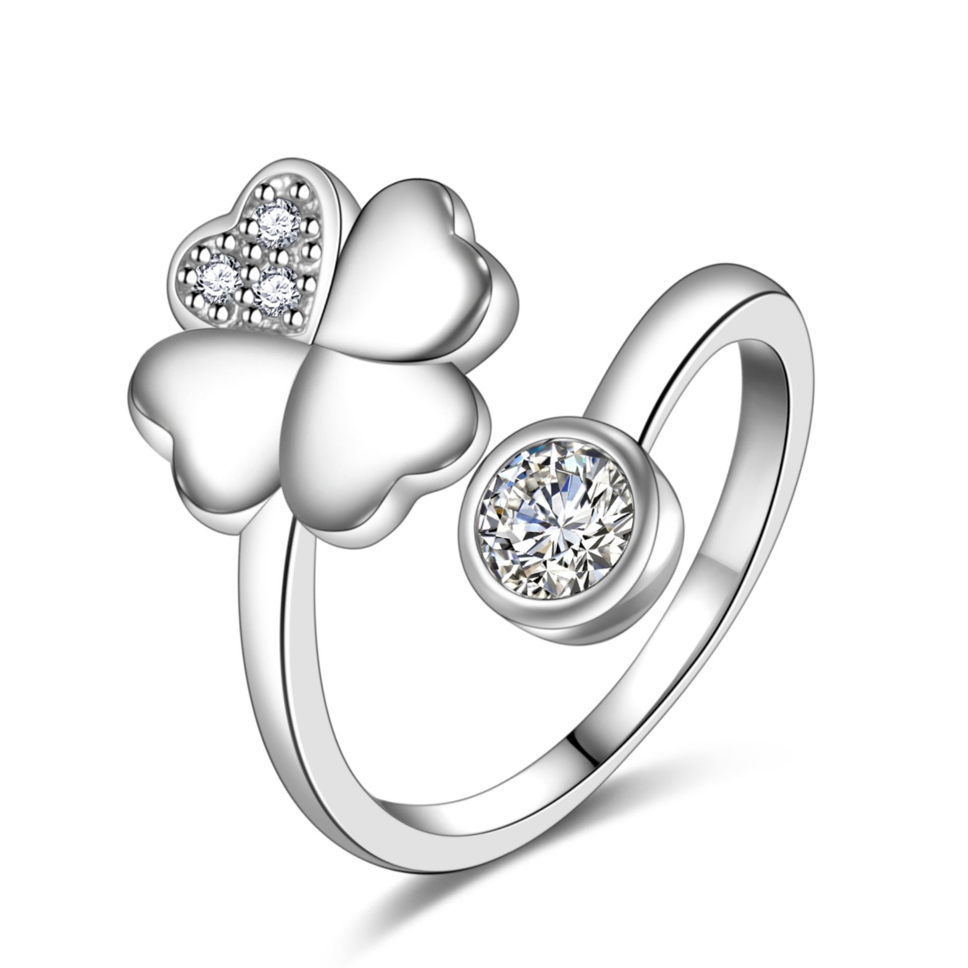 Elegant Silver Four Leaf Grass Ring Micro Inlaid Zircon