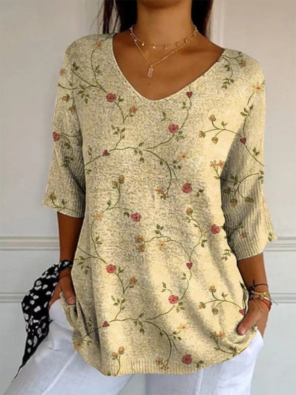 Elegant Retro Womens Casual Floral Print V-Neck Long-Sleeve Top