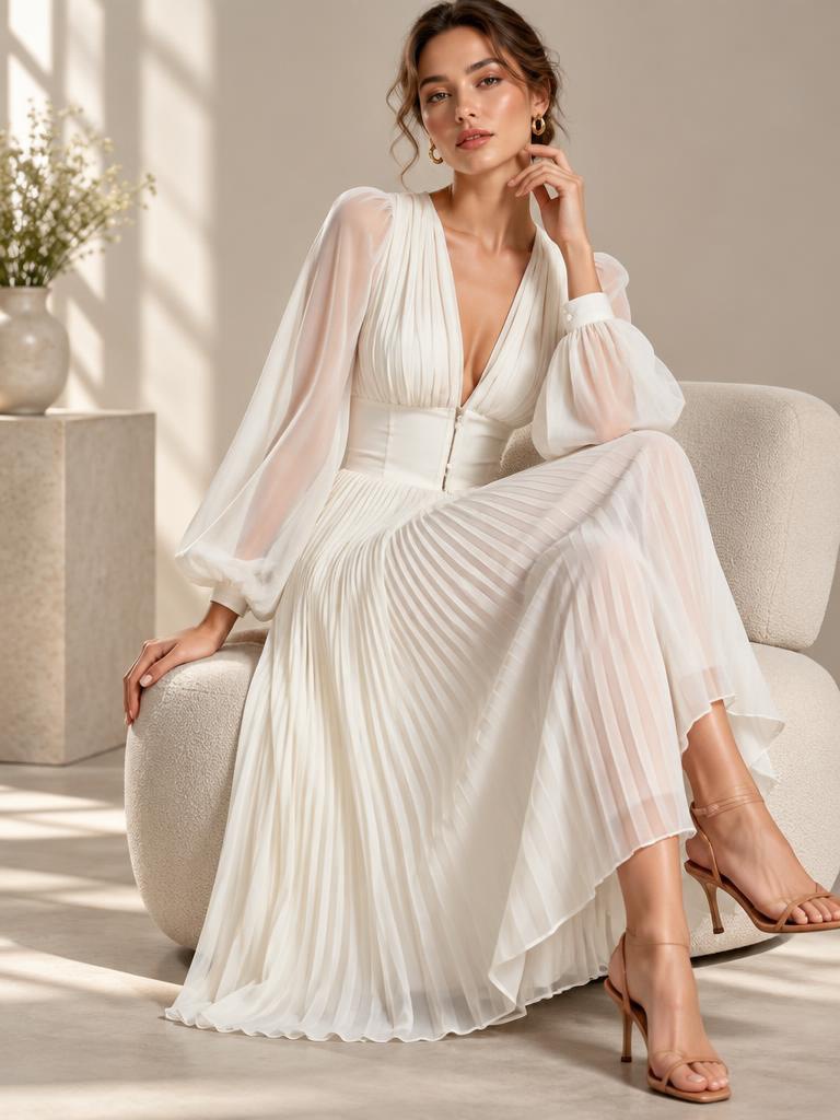 Women's Deep V-Neck Long-Sleeve Chiffon Dress With Puffed Sleeves Ee29aaf3 8b4e 4603 8ffe 358350962d46