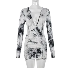 Hollow-out V-neck Tie-up Club Style Mini Dress - Multicolor - View 1