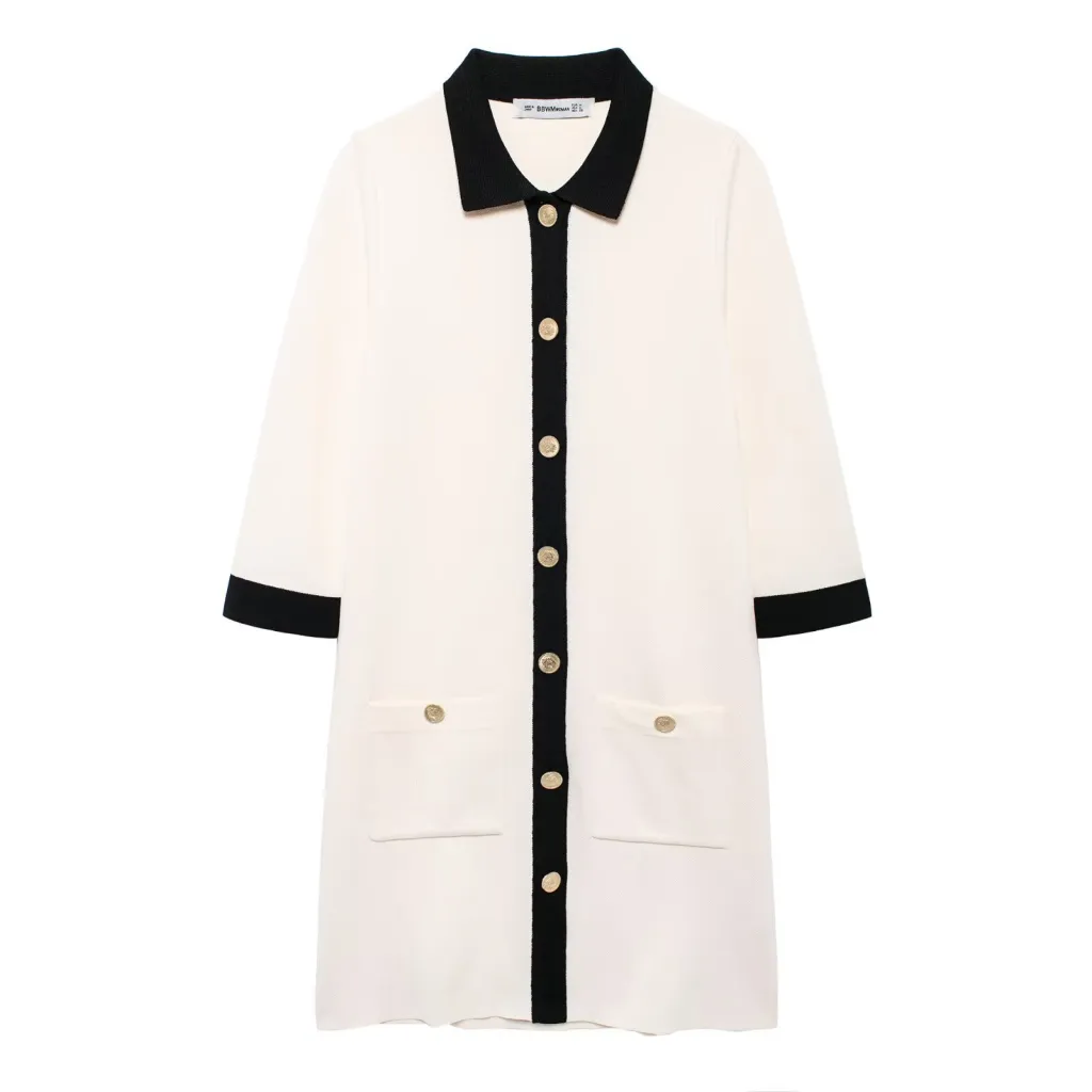 Graceful And Fashionable Color Contrast Patchwork Lapel Knitted Short Dress - White