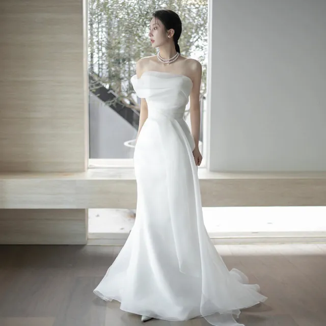 French Off shoulder Light Wedding Dress Bride White Strap - Shop at LoveMi