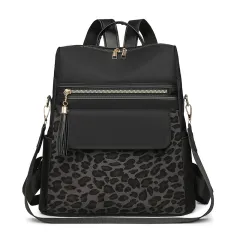 Leopard Print Women's Large Capacity Backpack - Black - View 1