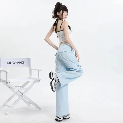 Straight Cargo Pants Women Bow Drawstring Wide Leg Track Pants Light Blue - Shop at LoveMi
