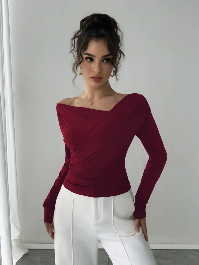 European And American Solid Color Fashion Shoulder Collar Shoulder baring Slimming Long Sleeve Commuter Top Wine Red - Shop at LoveMi