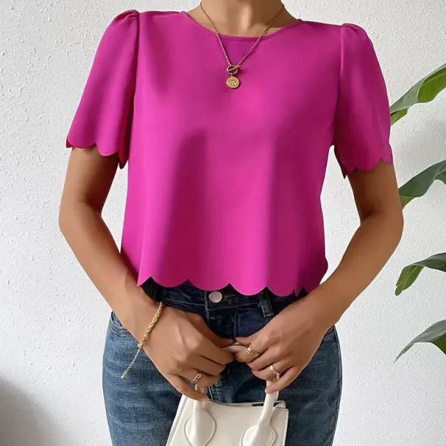 Solid Color Burnt Flower Scalloped Crop top Short Top Female Rose Red - Shop at LoveMi