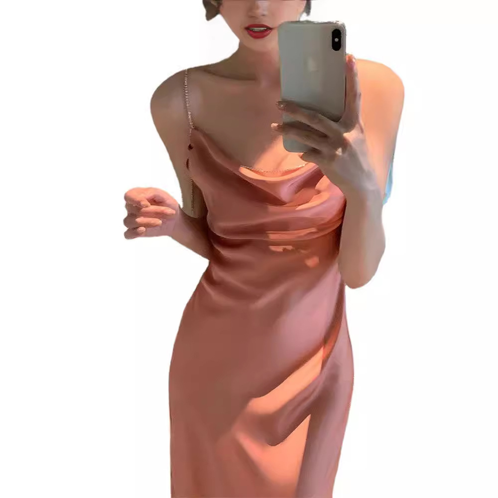 Satin Texture Swing Collar Drill Chain Suspender Skirt For Women